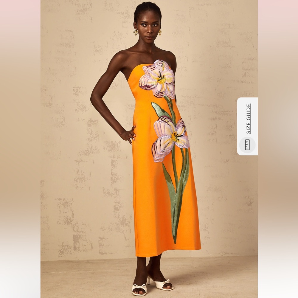 Orange Strapless Dress with Floral Design